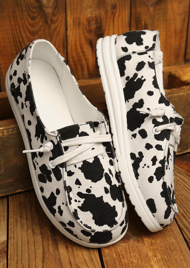 Cow Print Lace Up Round Toe Flat Sneakers
