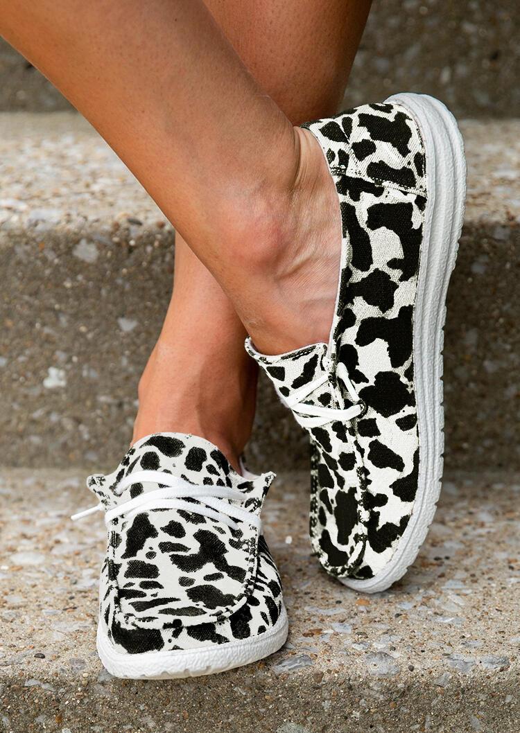 Cow Print Lace Up Round Toe Flat Sneakers